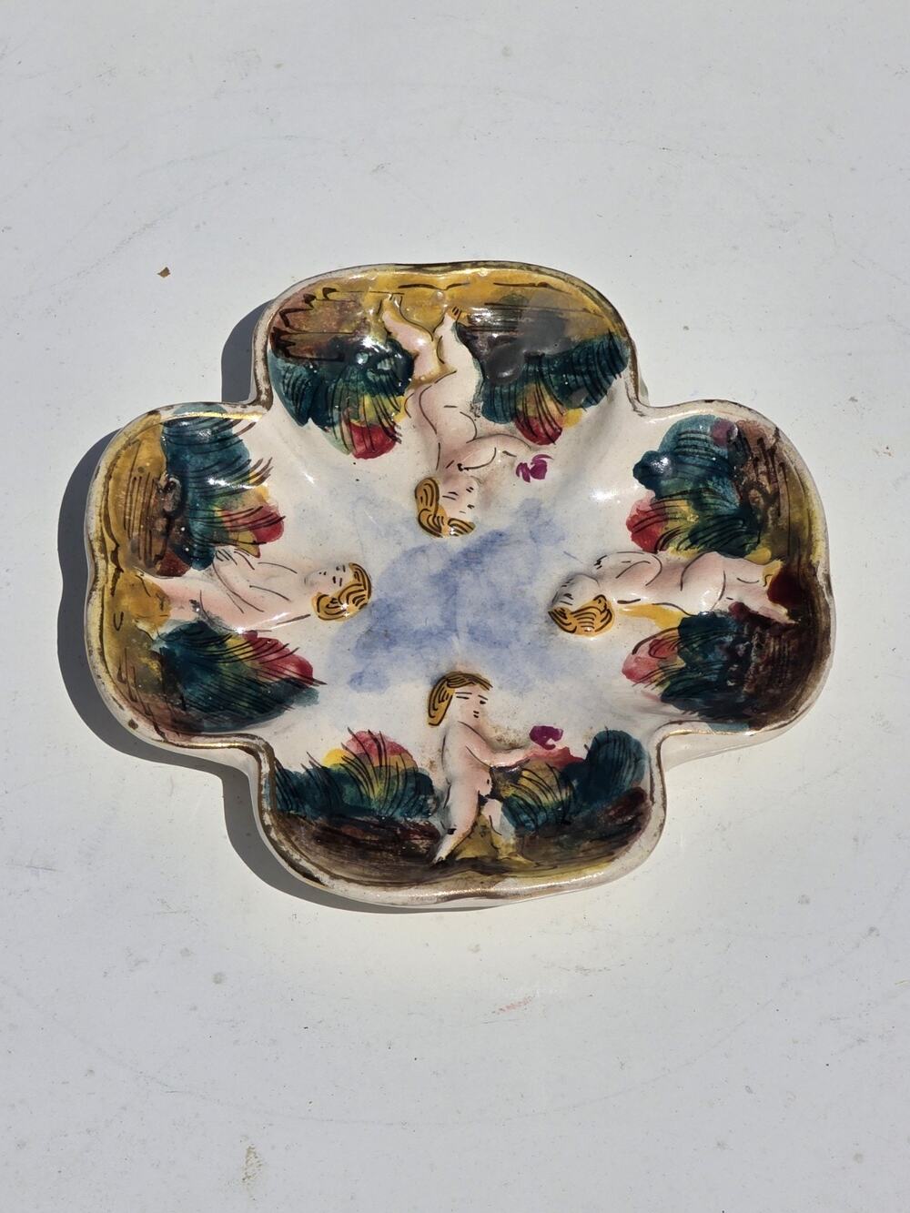 Vintage Capodimonte Italy Cherubs Trinket Dish/Bowl Gold Trim Raised 5.5" Dia
